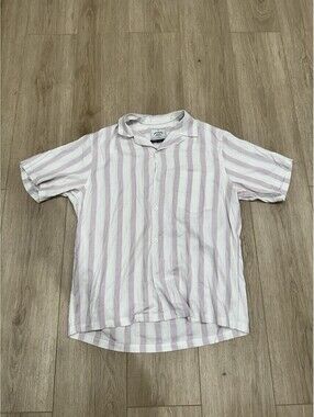 Portuguese Flannel Striped Purple Green White Camp Collar Shirt Men Size Medium